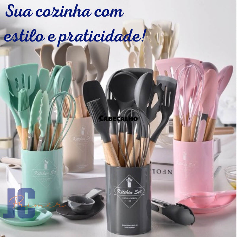 Jogo Kit C/12 Peças Utensílios De Cozinha Colheres Espatula Silicone Cabo Madeira Decoração Livre BPA