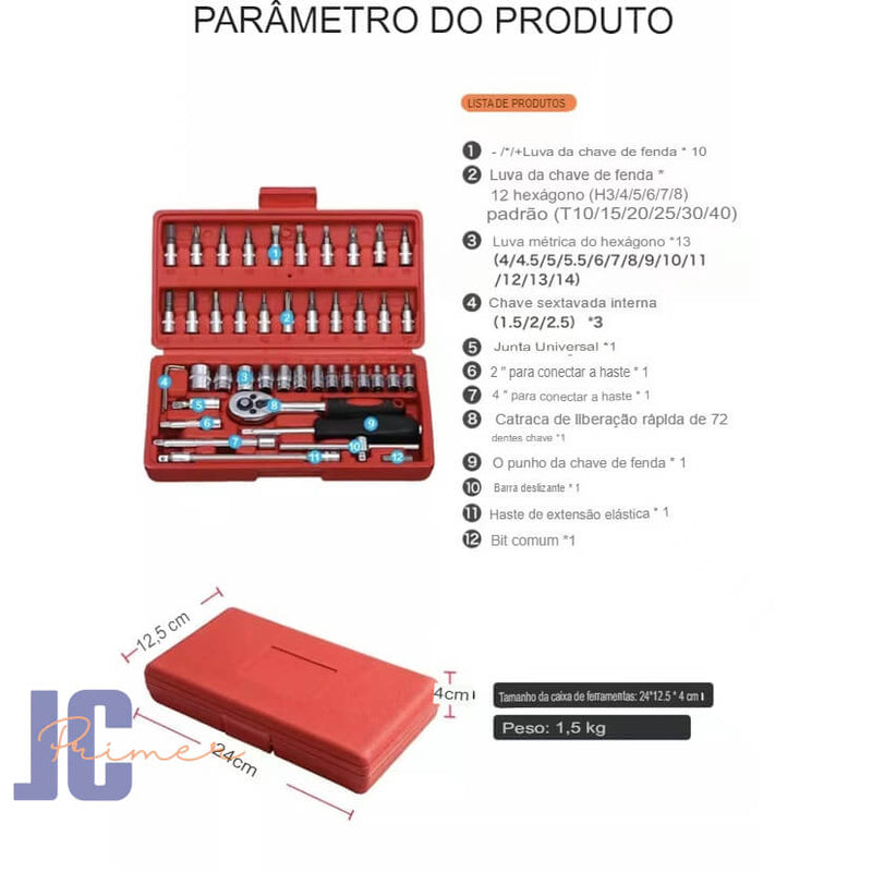 Jogo de soquetes 46 peças 1/4 chave Allen catraca Informações