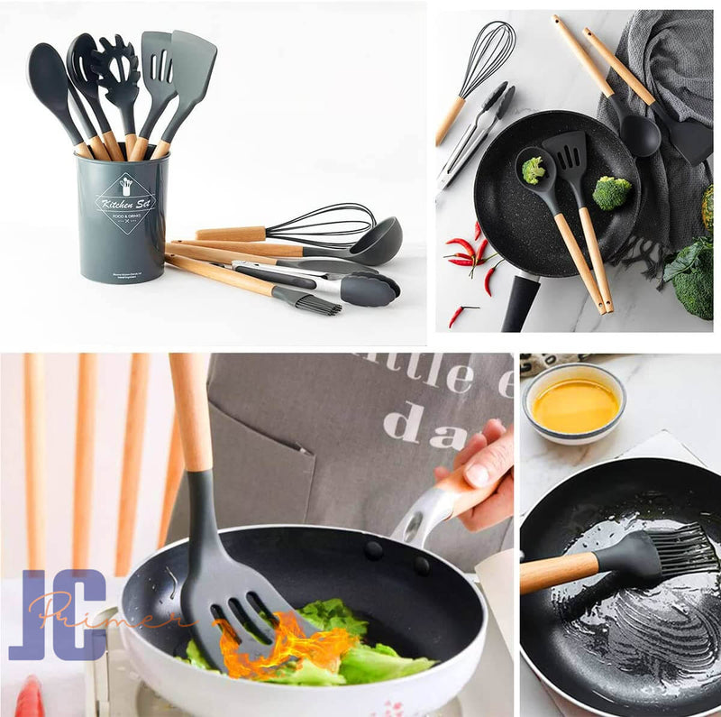 Jogo Kit C/12 Peças Utensílios De Cozinha Colheres Espatula Silicone Cabo Madeira Decoração Livre BPA