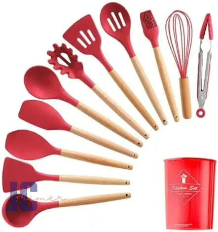 Jogo Kit C/12 Peças Utensílios De Cozinha Colheres Espatula Silicone Cabo Madeira Decoração Livre BPA