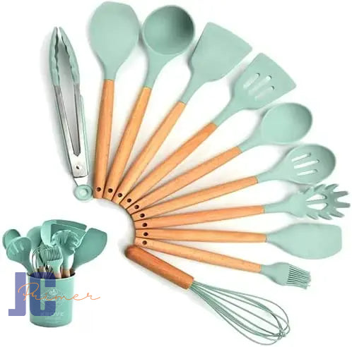 Jogo Kit C/12 Peças Utensílios De Cozinha Colheres Espatula Silicone Cabo Madeira Decoração Livre BPA