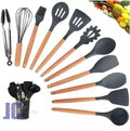 Jogo Kit C/12 Peças Utensílios De Cozinha Colheres Espatula Silicone Cabo Madeira Decoração Livre BPA