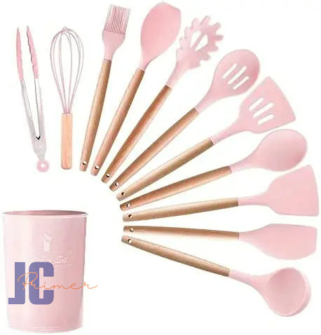 Jogo Kit C/12 Peças Utensílios De Cozinha Colheres Espatula Silicone Cabo Madeira Decoração Livre BPA