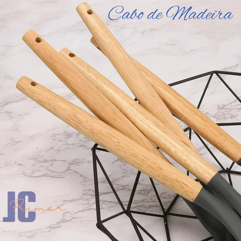 Jogo Kit C/12 Peças Utensílios De Cozinha Colheres Espatula Silicone Cabo Madeira Decoração Livre BPA